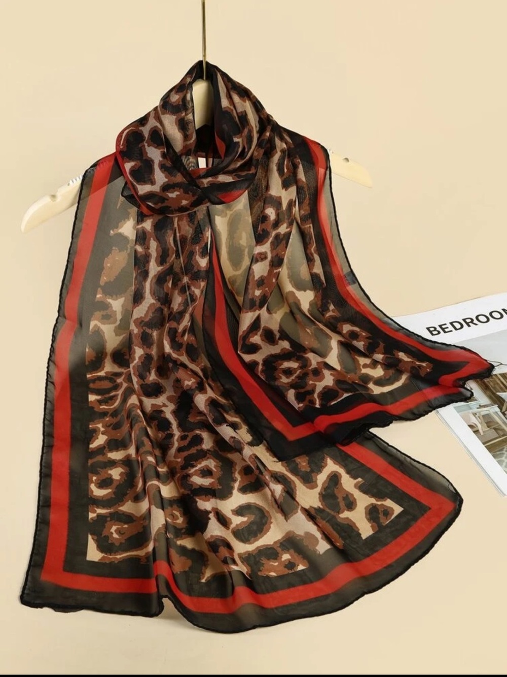 Sheer Leopard Print Scarf with Red-Black Border - Picture 6 of 7